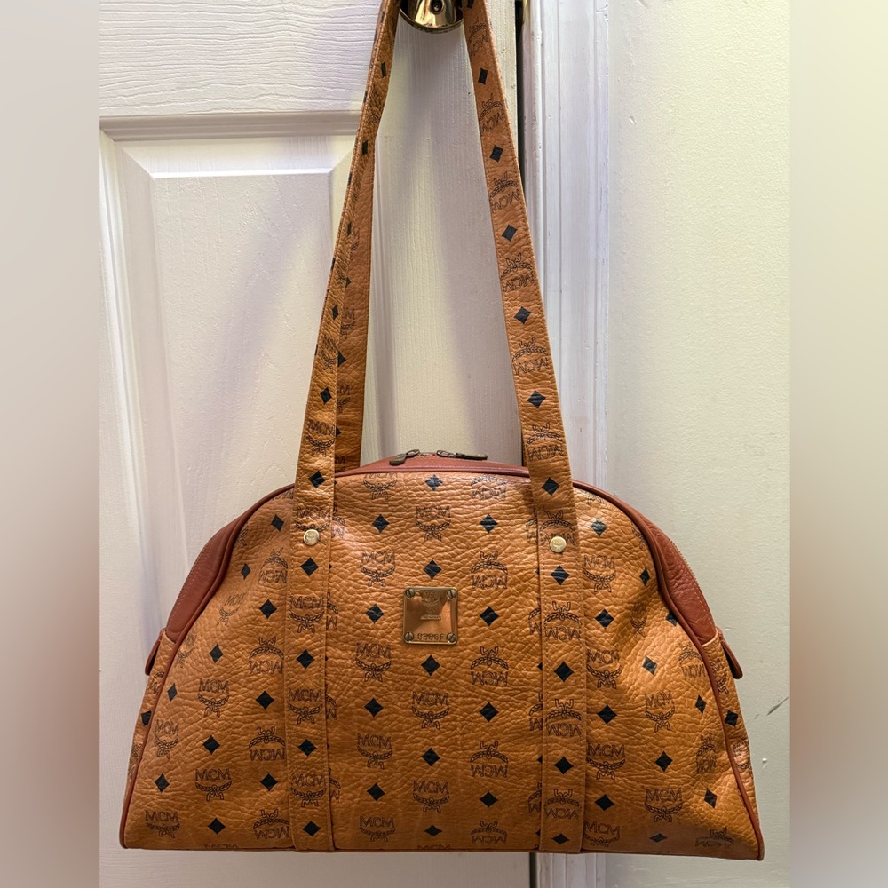MCM Dome Satchel Shoulder Bag Monogram Vintage XL Authentic Double Zip